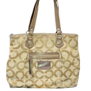 Coach Poppy Metallic Gold Signature Tote Bag W/ 2 Round Poppy Zipper Pulls